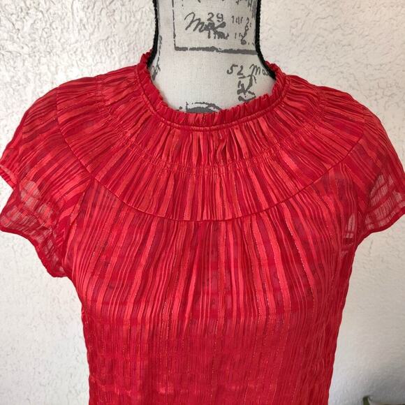 Nanette Lepore Short Cap Sleeve Blouse S Striped Metallic Ruffle Neck Orange Red - Picture 5 of 11